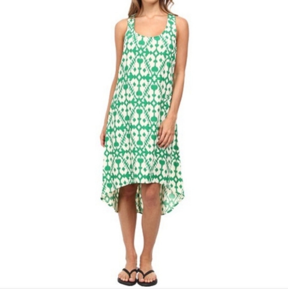 Kavu Racerback High-low Dress Size Small Green And Cream Ikat Print